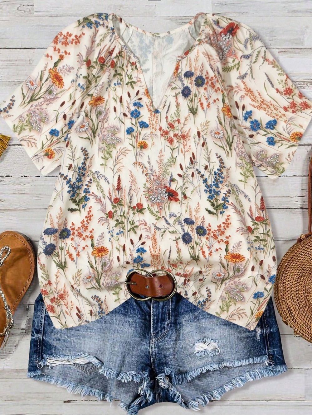 SHEIN Cream Floral V-Neck Short Sleeve Blouse